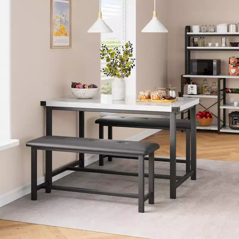 3 Piece Dining Table Set for 4, 44 Kitchen Table with 2 Benches, Wooden Rectangular Kitchen Table Set, Space Saving Breakfast Table, Black