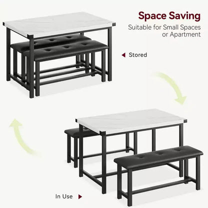 3 Piece Dining Table Set for 4, 44 Kitchen Table with 2 Benches, Wooden Rectangular Kitchen Table Set, Space Saving Breakfast Table, Black