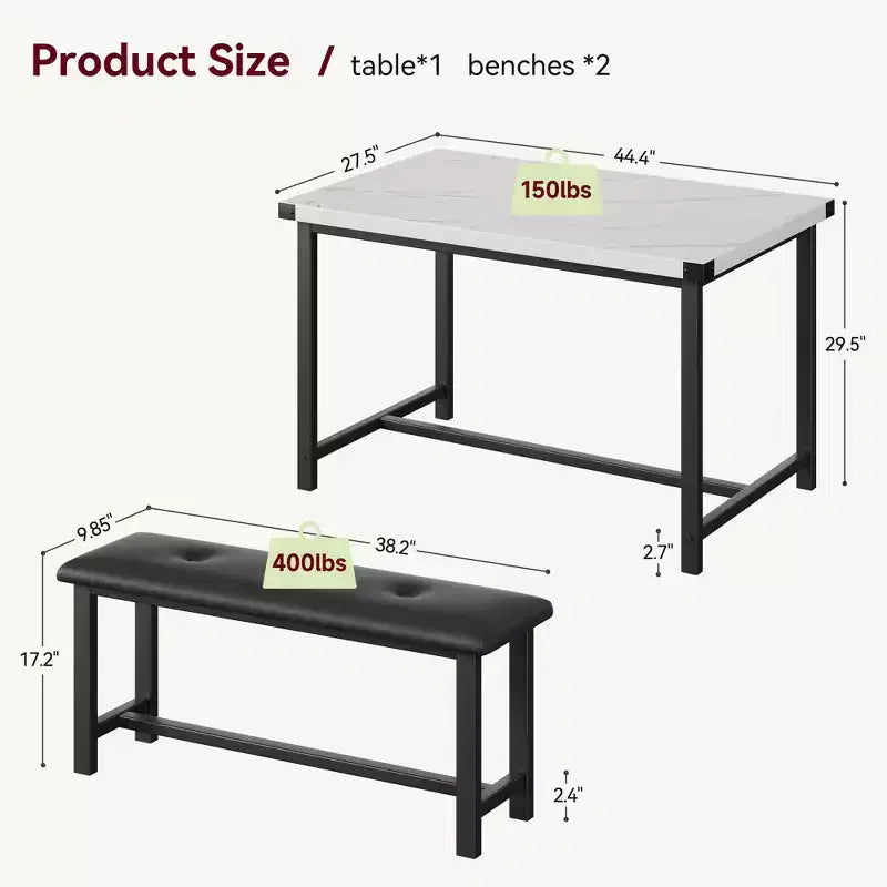 3 Piece Dining Table Set for 4, 44 Kitchen Table with 2 Benches, Wooden Rectangular Kitchen Table Set, Space Saving Breakfast Table, Black