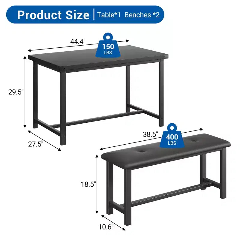 3 Piece Dining Table Set for 4, 44 Kitchen Table with 2 Benches, Wooden Rectangular Kitchen Table Set, Space Saving Breakfast Table, Black