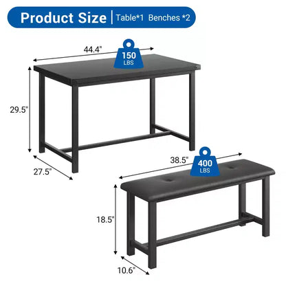 3 Piece Dining Table Set for 4, 44 Kitchen Table with 2 Benches, Wooden Rectangular Kitchen Table Set, Space Saving Breakfast Table, Black