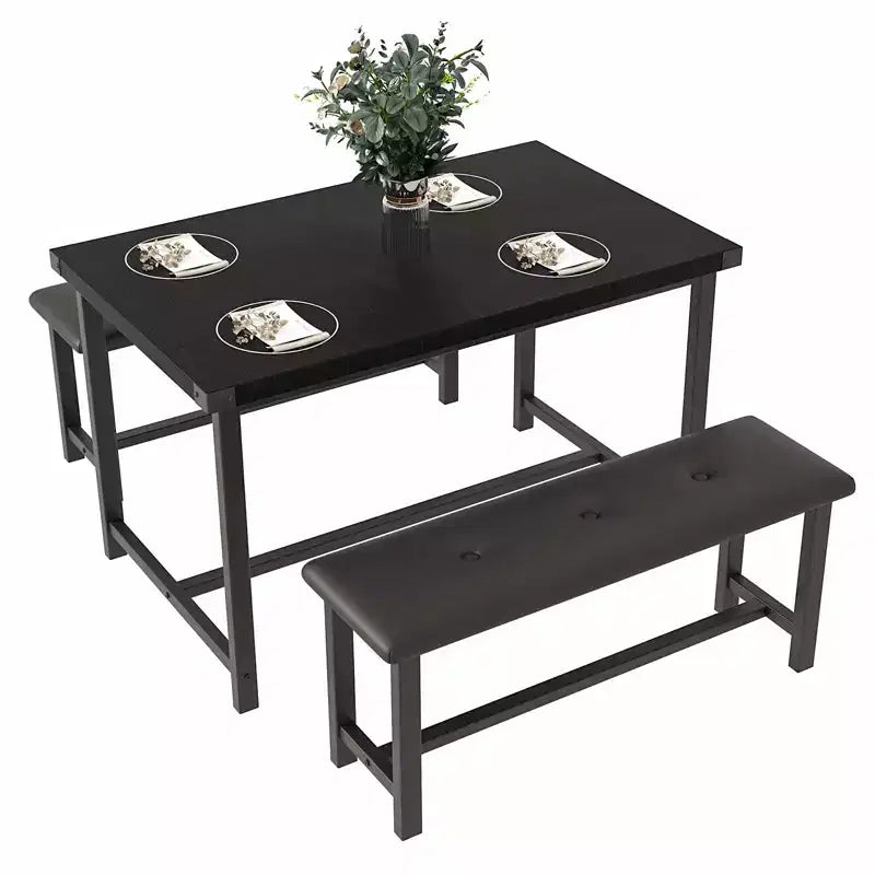 3 Piece Dining Table Set for 4, 44 Kitchen Table with 2 Benches, Wooden Rectangular Kitchen Table Set, Space Saving Breakfast Table, Black