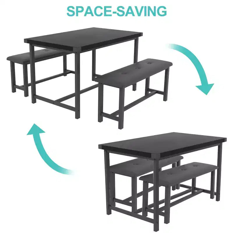 3 Piece Dining Table Set for 4, 44 Kitchen Table with 2 Benches, Wooden Rectangular Kitchen Table Set, Space Saving Breakfast Table, Black