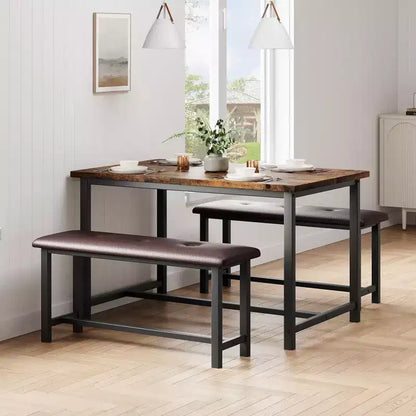 3 Piece Dining Table Set for 4, 44 Kitchen Table with 2 Benches, Wooden Rectangular Kitchen Table Set, Space Saving Breakfast Table, Black