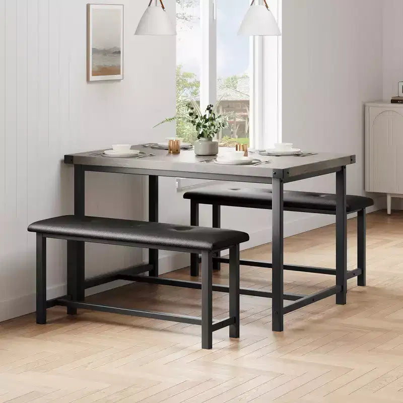 3 Piece Dining Table Set for 4, 44 Kitchen Table with 2 Benches, Wooden Rectangular Kitchen Table Set, Space Saving Breakfast Table, Black