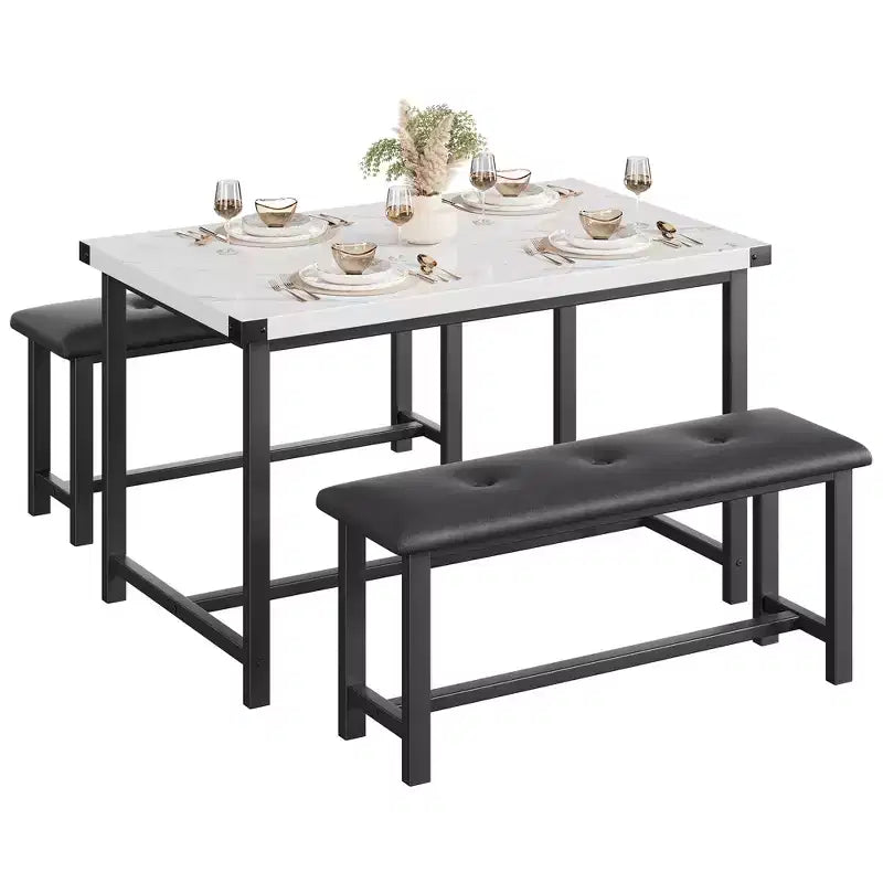3 Piece Dining Table Set for 4, 44 Kitchen Table with 2 Benches, Wooden Rectangular Kitchen Table Set, Space Saving Breakfast Table, Black