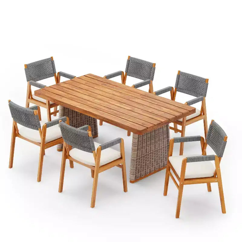 Christopher Knight Home Francesca Rustic 7 Piece Outdoor Woven Rope Acacia Wood Dining Set with Rattan Slatted Table