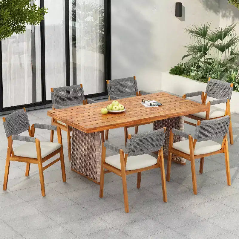 Christopher Knight Home Francesca Rustic 7 Piece Outdoor Woven Rope Acacia Wood Dining Set with Rattan Slatted Table