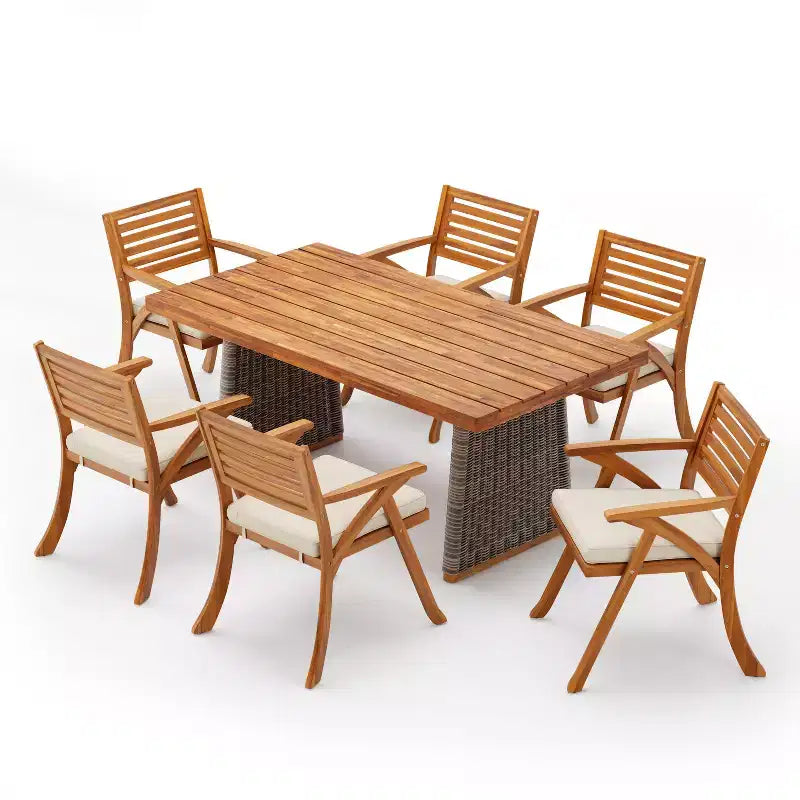 Christopher Knight Home Diana Rustic 7 Piece Outdoor Rattan Slatted Acacia Wood Dining Set with Cushions
