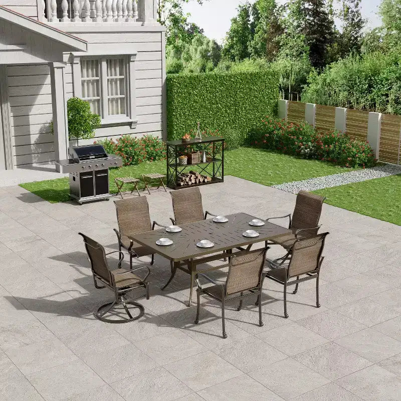 Mondawe Salon de jardin 7 pièces en aluminium moulé avec 2 chaises pivotantes, 4 fauteuils et 1 table rectangulaire
