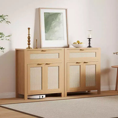 Modern Rattan Sideboard Buffet Storage Cabinet with Doors, Boho Narrow Accent Credenza Cabinet with Storage Coffee Bar Console Table