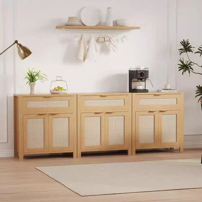 Modern Rattan Sideboard Buffet Storage Cabinet with Doors, Boho Narrow Accent Credenza Cabinet with Storage Coffee Bar Console Table