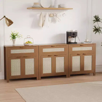 Modern Rattan Sideboard Buffet Storage Cabinet with Doors, Boho Narrow Accent Credenza Cabinet with Storage Coffee Bar Console Table