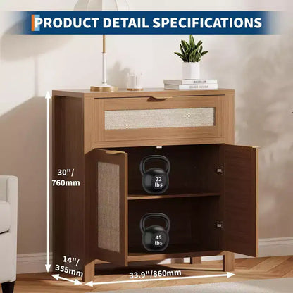 Modern Rattan Sideboard Buffet Storage Cabinet with Doors, Boho Narrow Accent Credenza Cabinet with Storage Coffee Bar Console Table