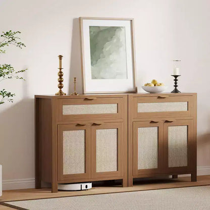 Modern Rattan Sideboard Buffet Storage Cabinet with Doors, Boho Narrow Accent Credenza Cabinet with Storage Coffee Bar Console Table