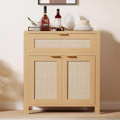 Modern Rattan Sideboard Buffet Storage Cabinet with Doors, Boho Narrow Accent Credenza Cabinet with Storage Coffee Bar Console Table