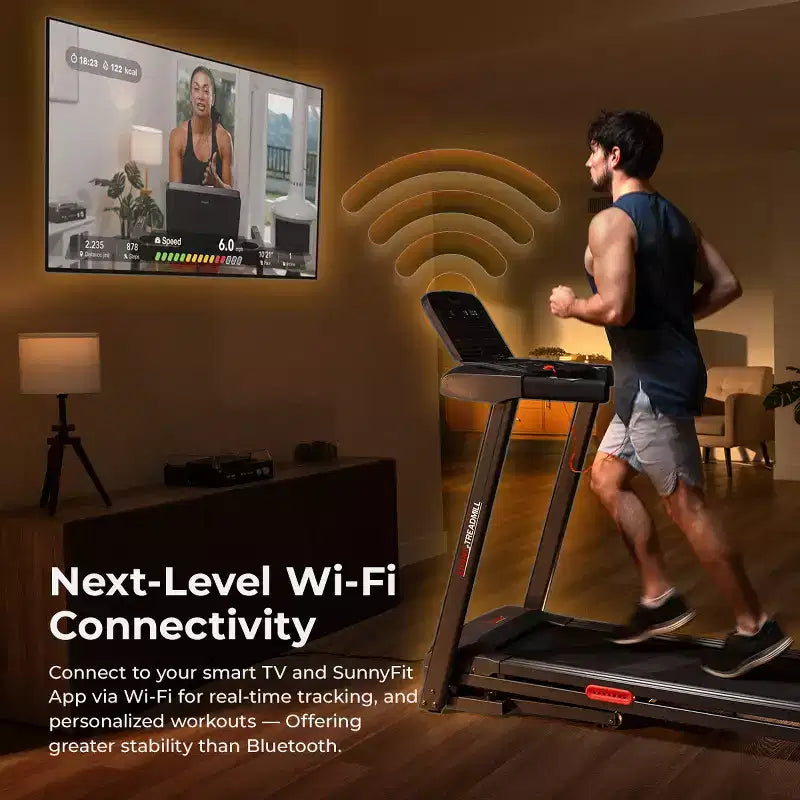 Tapis de course intelligent Sunny Health & Fitness Active 400 AutoIncline avec WiFi, Bluetooth, 15 niveaux d'inclinaison et plateforme de course amortissante
