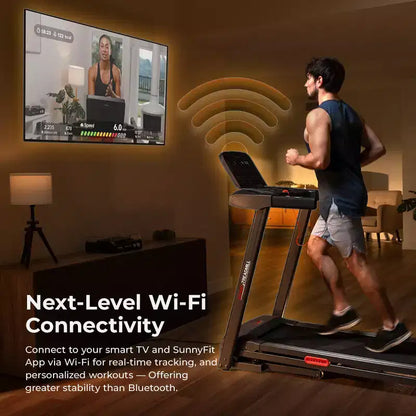 Tapis de course intelligent Sunny Health & Fitness Active 400 AutoIncline avec WiFi, Bluetooth, 15 niveaux d'inclinaison et plateforme de course amortissante
