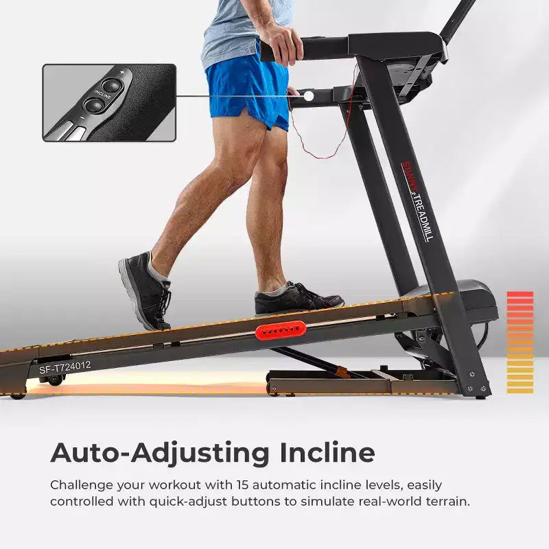 Tapis de course intelligent Sunny Health & Fitness Active 400 AutoIncline avec WiFi, Bluetooth, 15 niveaux d'inclinaison et plateforme de course amortissante