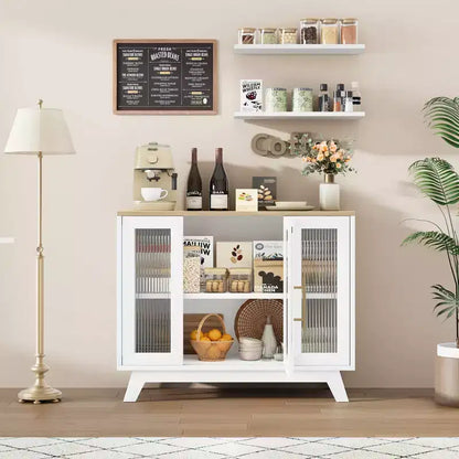 36 Modern Coffee Bar Cabinet - Buffet Sideboard with Fluted Glass Doors & Adjustable Shelves