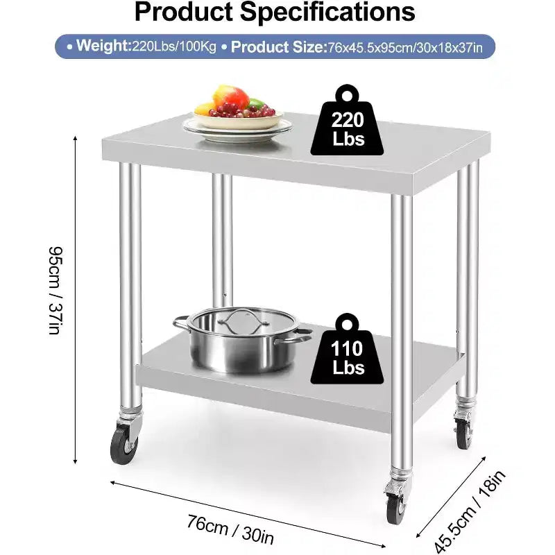 Acekool Table de préparation mobile 30 Table de travail en acier inoxydable avec roulettes verrouillables et étagère réglable pour la cuisine et l'utilisation commerciale