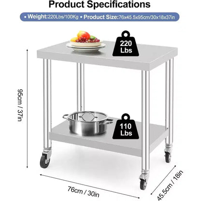 Acekool Table de préparation mobile 30 Table de travail en acier inoxydable avec roulettes verrouillables et étagère réglable pour la cuisine et l'utilisation commerciale