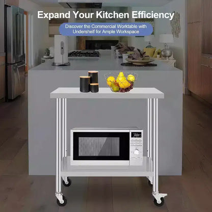 Acekool Table de préparation mobile 30 Table de travail en acier inoxydable avec roulettes verrouillables et étagère réglable pour la cuisine et l'utilisation commerciale