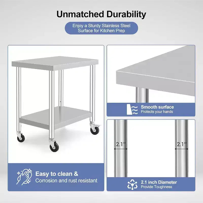 Acekool Table de préparation mobile 30 Table de travail en acier inoxydable avec roulettes verrouillables et étagère réglable pour la cuisine et l'utilisation commerciale