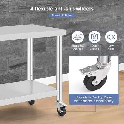 Acekool Table de préparation mobile 30 Table de travail en acier inoxydable avec roulettes verrouillables et étagère réglable pour la cuisine et l'utilisation commerciale