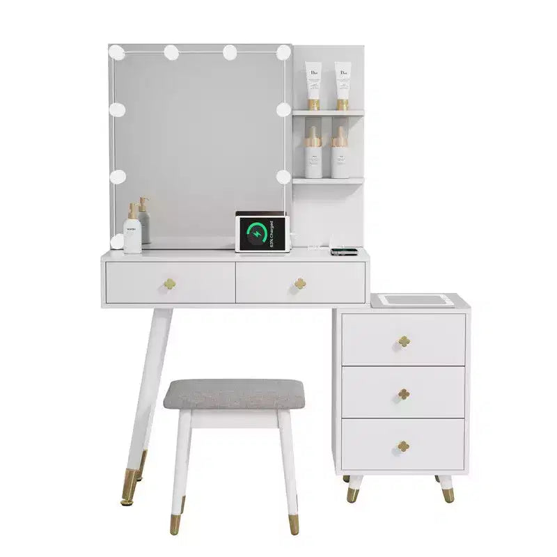 Ensemble de coiffeuse en panneaux de particules de lin blanc plaqué, avec pieds en bois massif, garniture de douille en laiton et panneau de LED à trois tons