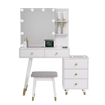 Ensemble de coiffeuse en panneaux de particules de lin blanc plaqué, avec pieds en bois massif, garniture de douille en laiton et panneau de LED à trois tons