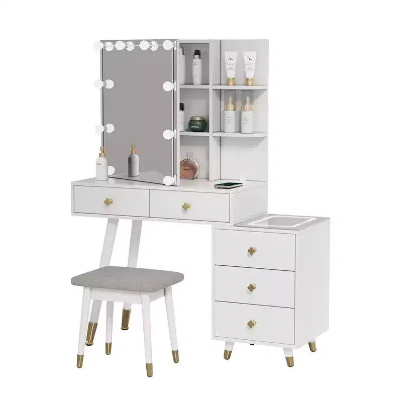 Ensemble de coiffeuse en panneaux de particules de lin blanc plaqué, avec pieds en bois massif, garniture de douille en laiton et panneau de LED à trois tons