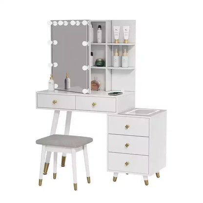 Ensemble de coiffeuse en panneaux de particules de lin blanc plaqué, avec pieds en bois massif, garniture de douille en laiton et panneau de LED à trois tons