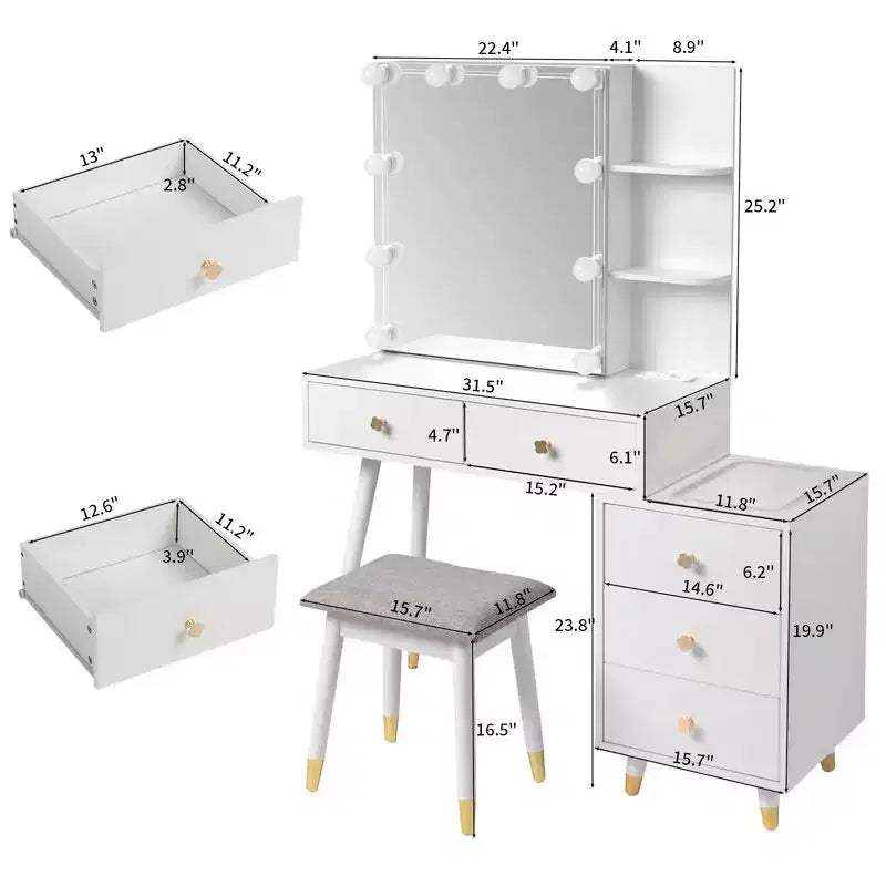 Ensemble de coiffeuse en panneaux de particules de lin blanc plaqué, avec pieds en bois massif, garniture de douille en laiton et panneau de LED à trois tons