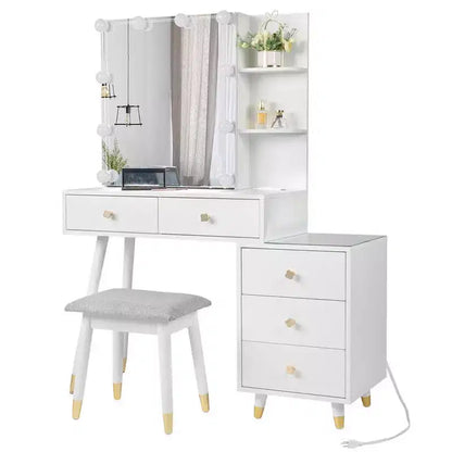 Ensemble de coiffeuse en panneaux de particules de lin blanc plaqué, avec pieds en bois massif, garniture de douille en laiton et panneau de LED à trois tons