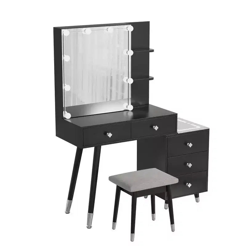 Ensemble de coiffeuse en panneaux de particules de lin blanc plaqué, avec pieds en bois massif, garniture de douille en laiton et panneau de LED à trois tons