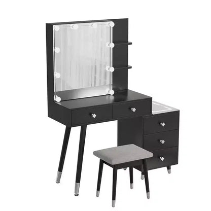 Ensemble de coiffeuse en panneaux de particules de lin blanc plaqué, avec pieds en bois massif, garniture de douille en laiton et panneau de LED à trois tons