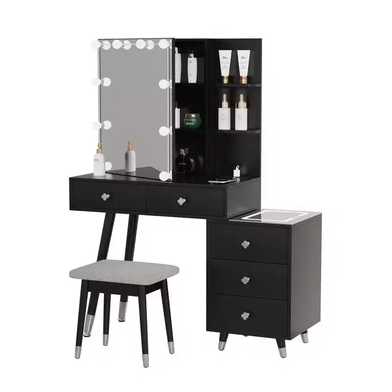 Ensemble de coiffeuse en panneaux de particules de lin blanc plaqué, avec pieds en bois massif, garniture de douille en laiton et panneau de LED à trois tons