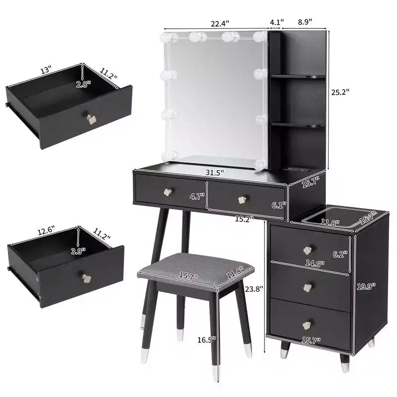 Ensemble de coiffeuse en panneaux de particules de lin blanc plaqué, avec pieds en bois massif, garniture de douille en laiton et panneau de LED à trois tons