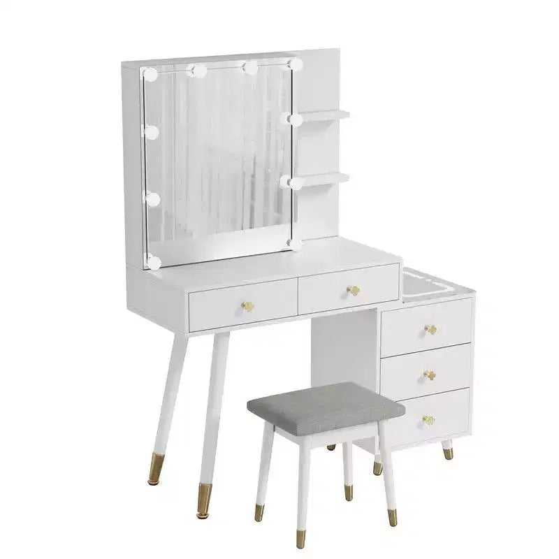 Ensemble de coiffeuse en panneaux de particules de lin blanc plaqué, avec pieds en bois massif, garniture de douille en laiton et panneau de LED à trois tons