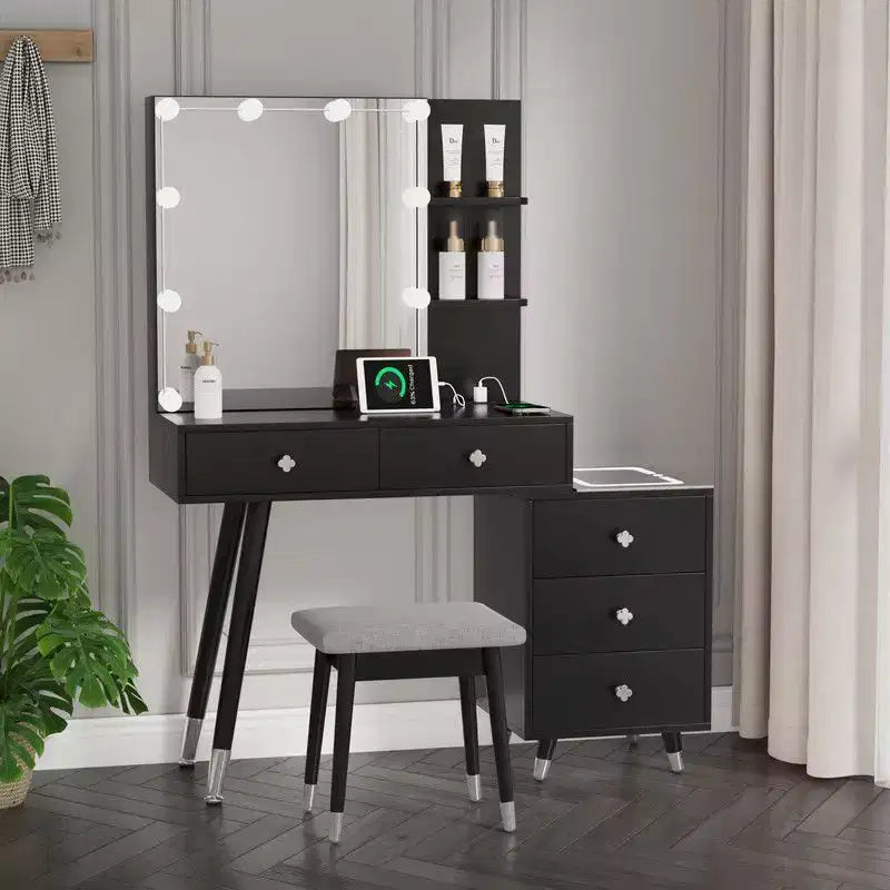 Ensemble de coiffeuse en panneaux de particules de lin blanc plaqué, avec pieds en bois massif, garniture de douille en laiton et panneau de LED à trois tons