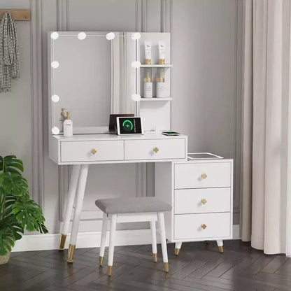 White Linen Particleboard Veneered with Solid Wood Legs with Brass Bushing Trim with LED Tri-tone Panel Vanity Table Set