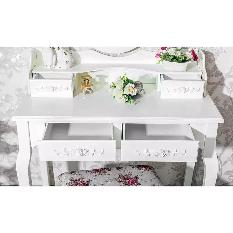 Coiffeuse européenne blanche laquée avec quatre tiroirs et miroir simple