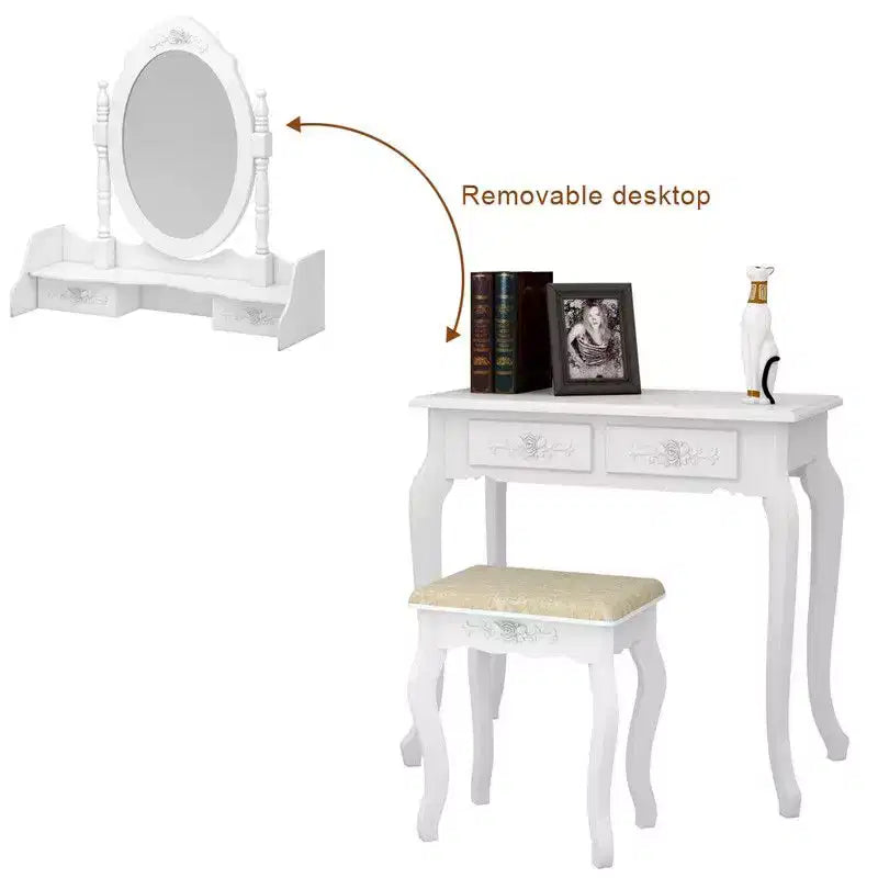 Coiffeuse européenne blanche laquée avec quatre tiroirs et miroir simple