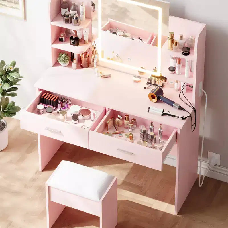 Vanity Desk with Lights Tri-Mode LED Lighted Mirror & Charging Station Makeup Vanity Set with 6 Shelves, 2 Drawers and Soft Cushion Stool