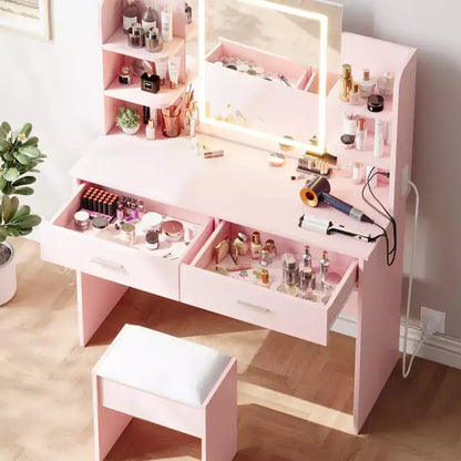 Vanity Desk with Lights Tri-Mode LED Lighted Mirror & Charging Station Makeup Vanity Set with 6 Shelves, 2 Drawers and Soft Cushion Stool