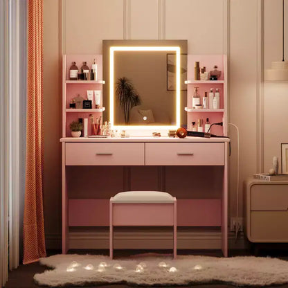 Vanity Desk with Lights Tri-Mode LED Lighted Mirror & Charging Station Makeup Vanity Set with 6 Shelves, 2 Drawers and Soft Cushion Stool