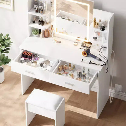 Vanity Desk with Lights Tri-Mode LED Lighted Mirror & Charging Station Makeup Vanity Set with 6 Shelves, 2 Drawers and Soft Cushion Stool