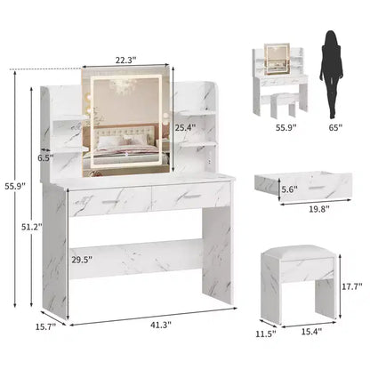 Vanity Desk with Lights Tri-Mode LED Lighted Mirror & Charging Station Makeup Vanity Set with 6 Shelves, 2 Drawers and Soft Cushion Stool