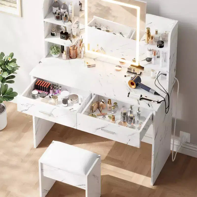 Vanity Desk with Lights Tri-Mode LED Lighted Mirror & Charging Station Makeup Vanity Set with 6 Shelves, 2 Drawers and Soft Cushion Stool
